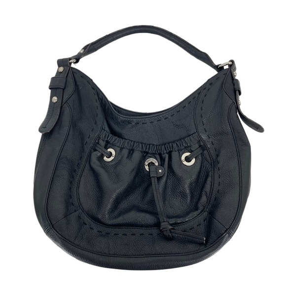 B Makowsky Black Pebbled Leather Shoulder Hobo Bag w Logo Animal Print Lining - Picture 1 of 12